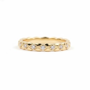 14K Solid Gold Moissanite Full Eternity Coco Crush Chanel Matelasse Quilted Mesh Ring Unique Band Gift Her Luxury Jewelry