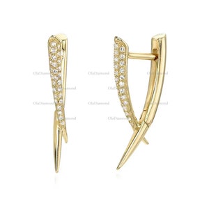 Spike Gold Moissanite Earrings, Unique Huggie Hoop Gold Stud Earrings, Tusk Ear Jacket Front Back Dainty Earrings, Minimalist Spike Hoops