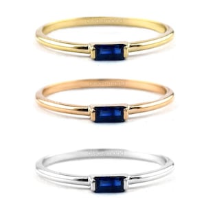 14K Gold Baguette Blue Sapphire Ring, September Birthstone Ring, Dainty Gemstone Ring, Sterling Silver Sapphire Ring, Stackable Band Rings