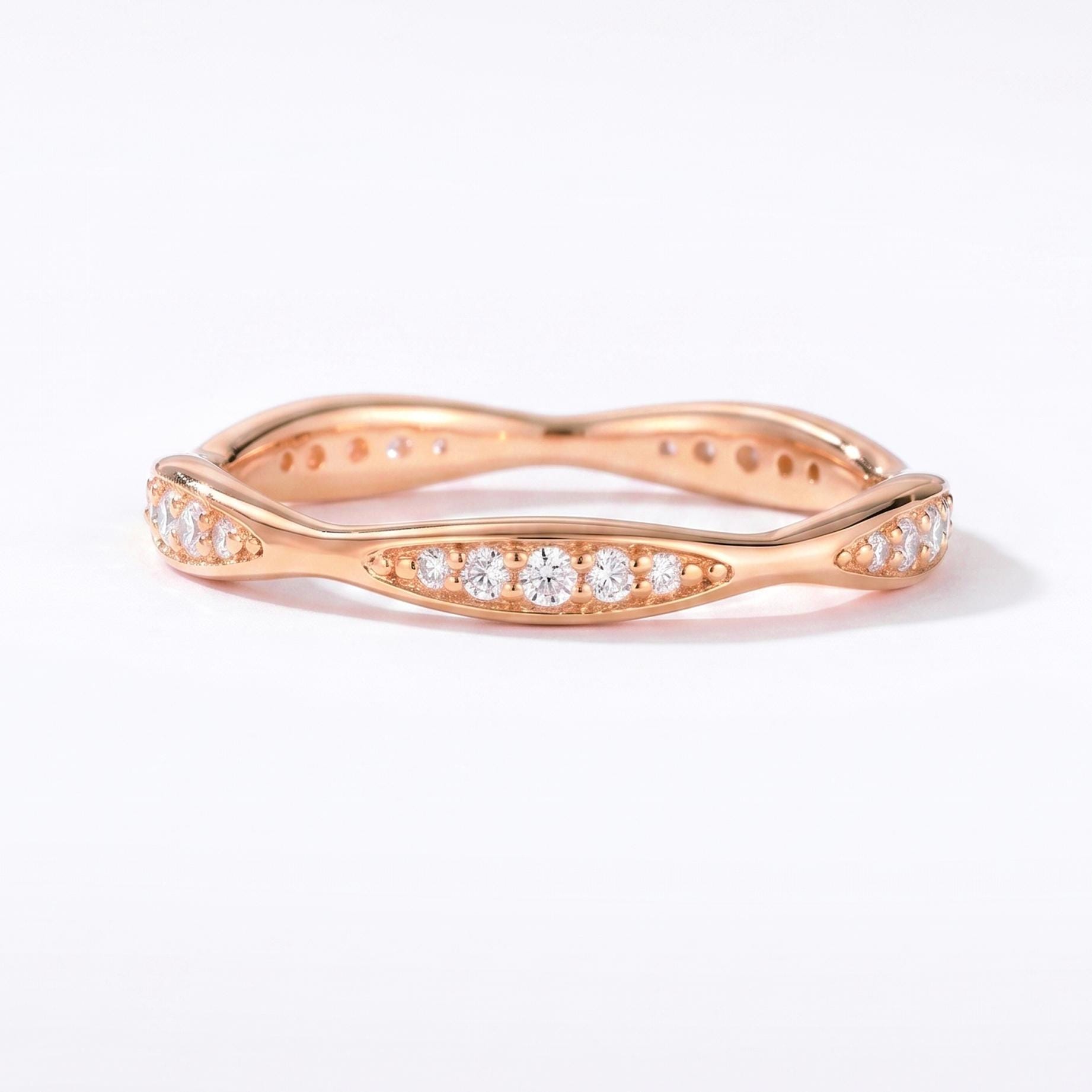 14K Gold Round Cut Moissanite Curved Full Eternity Wedding Band Dainty ...
