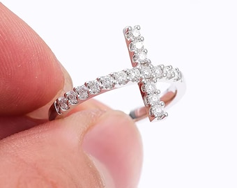 Moissanite Cross Ring: 925 Sterling Silver Religious Design