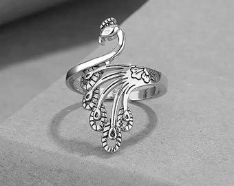 Phoenix Ring, 18k Solid Gold Moissanite Peacock Open Adjustable Band, Heavy Unique Bird Gift