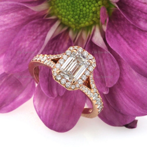 Emerald Cut Moissanite Engagement Ring, 1.70 CT shops Emerald and Round Moissanite, Split Shank - Handmade Halo Ring, Attractive Anniversary Ring