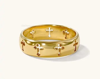 Solid Gold Wide Band Wedding Ring with Vertical Cross Cutouts