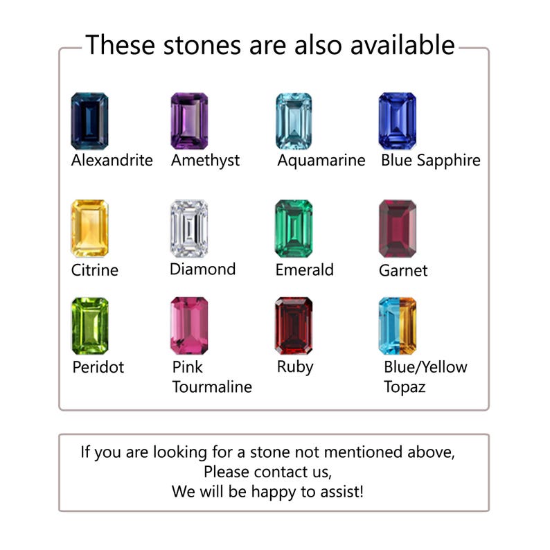 K&ouml;nnte beinhalten: Abbildung von Edelsteinen: Alexandrit, Amethyst, Aquamarin, Blauer Saphir, Citrin, Diamant, Smaragd, Granat, Peridot, Rosa Turmalin, Rubin und Blau/Gelb Topas. Text: "Diese Steine sind ebenfalls erh&auml;ltlich."