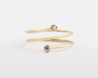 Moissanite Solid Gold Bypass Ring, Three Coil Wrap Ring, Open Statement Ring, Lab Diamond & Moissanite Ring, Unique Modern Gold Spiral Ring