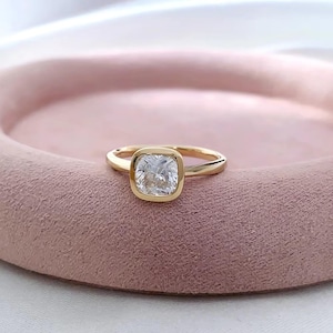 Elegant Cushion Cut Lab Grown Diamond Solitaire Engagement Solitaire Ring, 14K Solid Gold Cushion Cut Moissanite Bezel Setting Wedding Ring