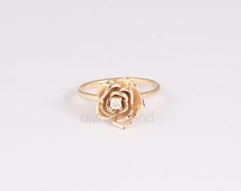 14K Solid Gold Blooming Rose Flower Ring, Moissanite Floral Solitaire Ring, Lab Diamond Rose Gold Ring, Valentine’s Day Gift, Rose Ring