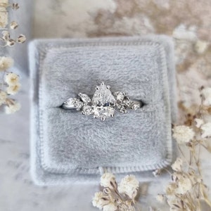Pear Cut Moissanite Engagement Ring, Cluster Multi Stone Diamond Wedding Ring, Vintage Anniversary Gift, 14k White Gold Cluster Setting Ring
