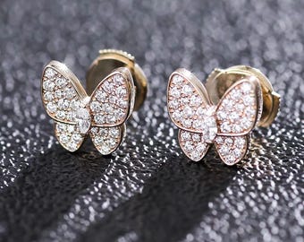 Pendientes de mariposa llamativos, pendientes de mariposa de moissanita redonda de oro de 14 k, pendientes de mariposa de moissanita de oro de 10 k, regalo de aniversario para ella