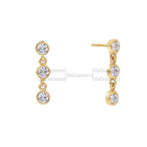 Pendientes de boda colgantes con bisel de oro macizo de Moissanita, pendientes colgantes de moissanita de plata de ley, pendientes redondos de oro para mujer