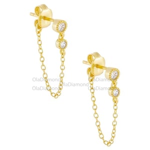 14k Solid Gold Drop Round Moissanite Bezel Ear Studs Chain Earring Round Moissanite Minutiae Chain Stud Diamond Earrings 925 Sterling Silver