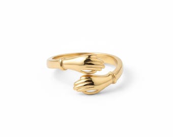Open Hugging Hands Ring 14k Solid Gold Adjustable Embrace Band Unique Minimalist Love Jewelry Gift