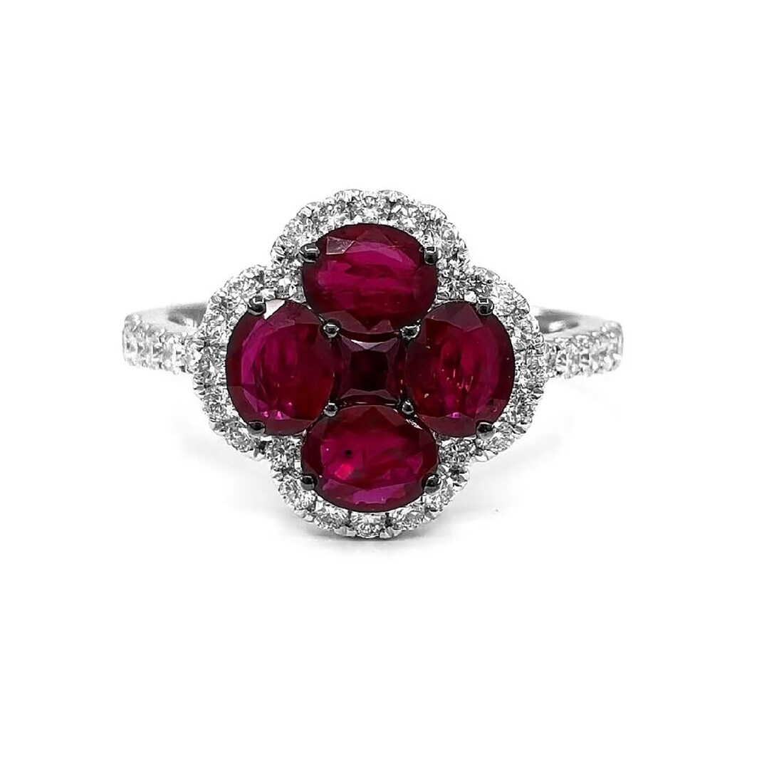Lucky 4 Leaf Clover Ring, 18K Gold Ruby & Moissanite or Lab Diamond ...