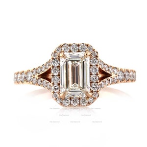 Emerald Cut Moissanite Engagement Ring, 1.70 CT Emerald and Round Moissanite, Split Shank - Handmade Halo Ring, Attractive Anniversary Ring