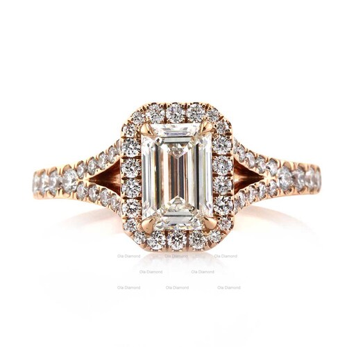 Emerald Cut Moissanite Engagement Ring, 1.70 CT shops Emerald and Round Moissanite, Split Shank - Handmade Halo Ring, Attractive Anniversary Ring