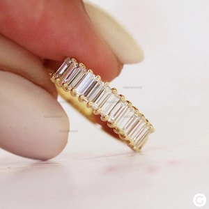 Baguette Moissanite Wedding Ring, 10K Gold Moissanite Engagement Band Half Eternity Baguette Ring, Bridal Ring, Promise Gift Sterling Silver