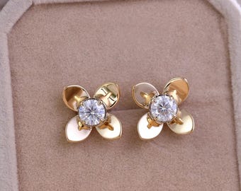 Beautiful Round Moissanite Open Leaf Solitaire Stud Flower Earrings, Moissanite Stud Earrings, 925 Sterling Silver Anniversary Special Gifts