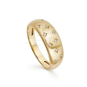 Koepel dikke starburst-ring, rond geslepen moissaniet set in 14k massief gouden koepel sterinstelling trouwring, kerstcadeau hemelse sieraden cadeau