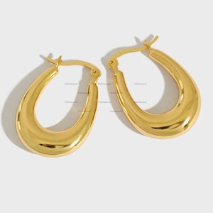 14K Solid Gold Oval Hoops, Gold Oval Earrings, Vintage Gold Earrings, Sterling Silver Earrings, Chubby Hoop Earrings, Statement Earrings
