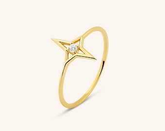 Dainty 14k Gold Star Diamond Engagement Ring, Moissanite Or Lab Grown Diamond Minimalist Ring, Stacking Gold Ring, Anniversary Gift for Her