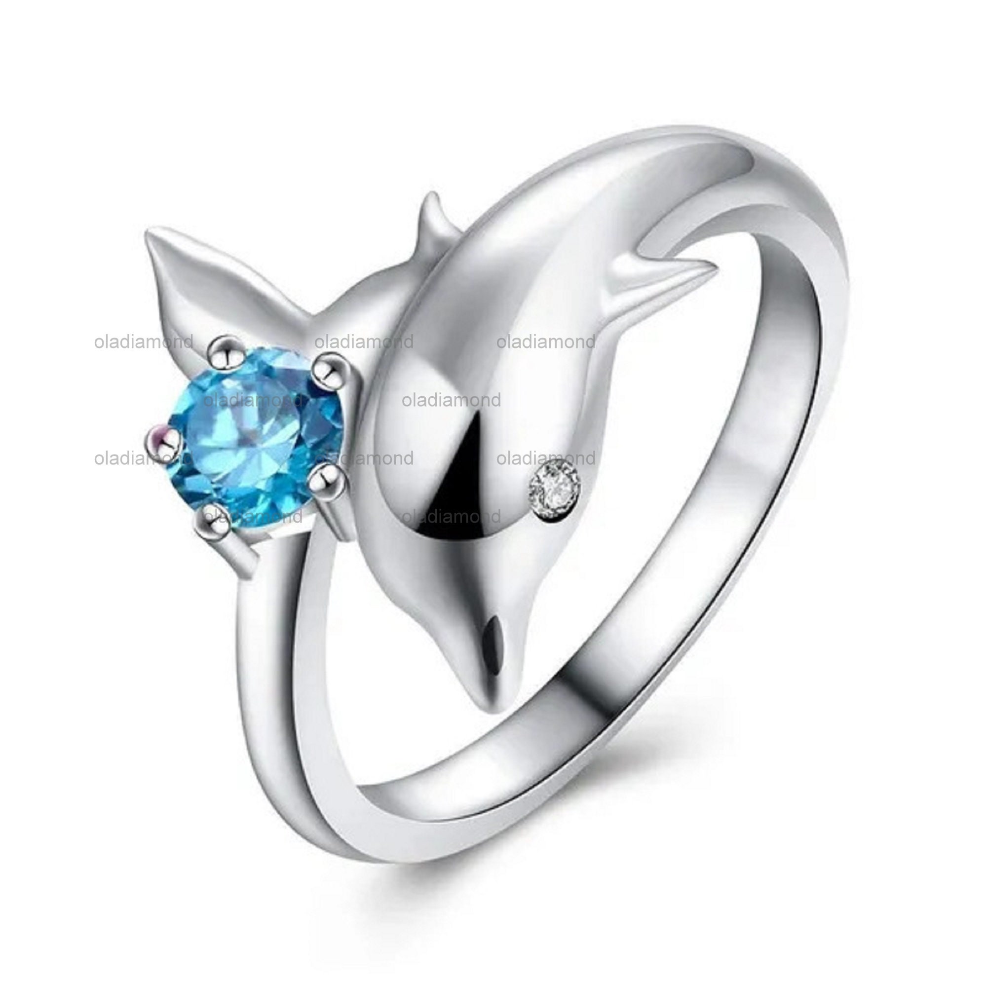 Moonlight Mysteries Sterling Silver Dolphin Ring With Ocean Blue Enamel (Size 4-15)