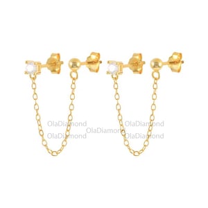 Golden Ball Drop Round Moissanite Double Stud Double Piercing Chain Earrings, Moissanite Minutiae Chain Studs Diamond Earrings, Gift For Her