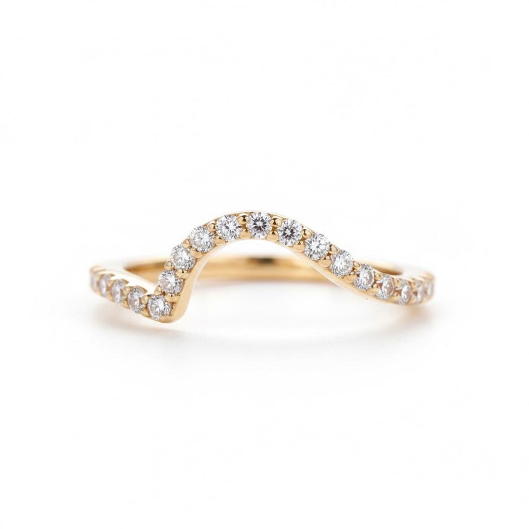 14k Gold Round Moissanite Ocean Wave Half Eternity Wedding Band Dainty ...