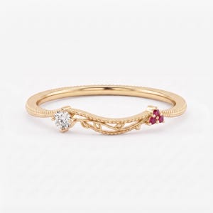 14K Solid Gold Ruby Moissanite Three Stone Engagement Ring Dainty Curved Beaded Art Deco Wedding Band Anniversary Birthday Gift Her