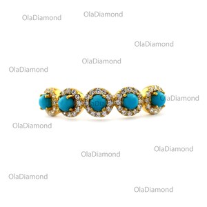 Genuine Round Cut Sleeping Beauty Turquoise Moissanite Sets In 14k Solid Yellow Gold Half Eternity Wedding Ring, Moissanite Engagement Ring
