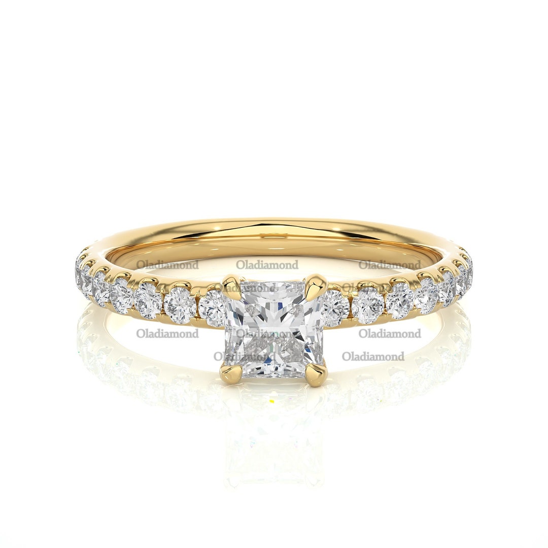 Princess Cut Moissanite Engagement Ring: 14k Yellow Gold Half Eternity ...