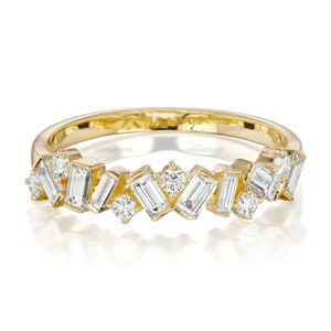 14K Gold Baguette And Round Cut Moissanite Engagement Band, Round Cut Moissanite Wedding Band, Minimalist Half Eternity Unique Stacking Ring