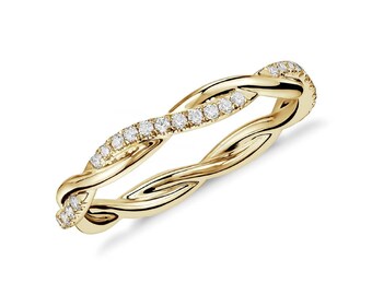 Round Cut Moissanite Twisted Design Engagement Ring & 14K Solid Gold Full Eternity Diamond Rope Wedding Band - 925 Silver Promise Love Ring
