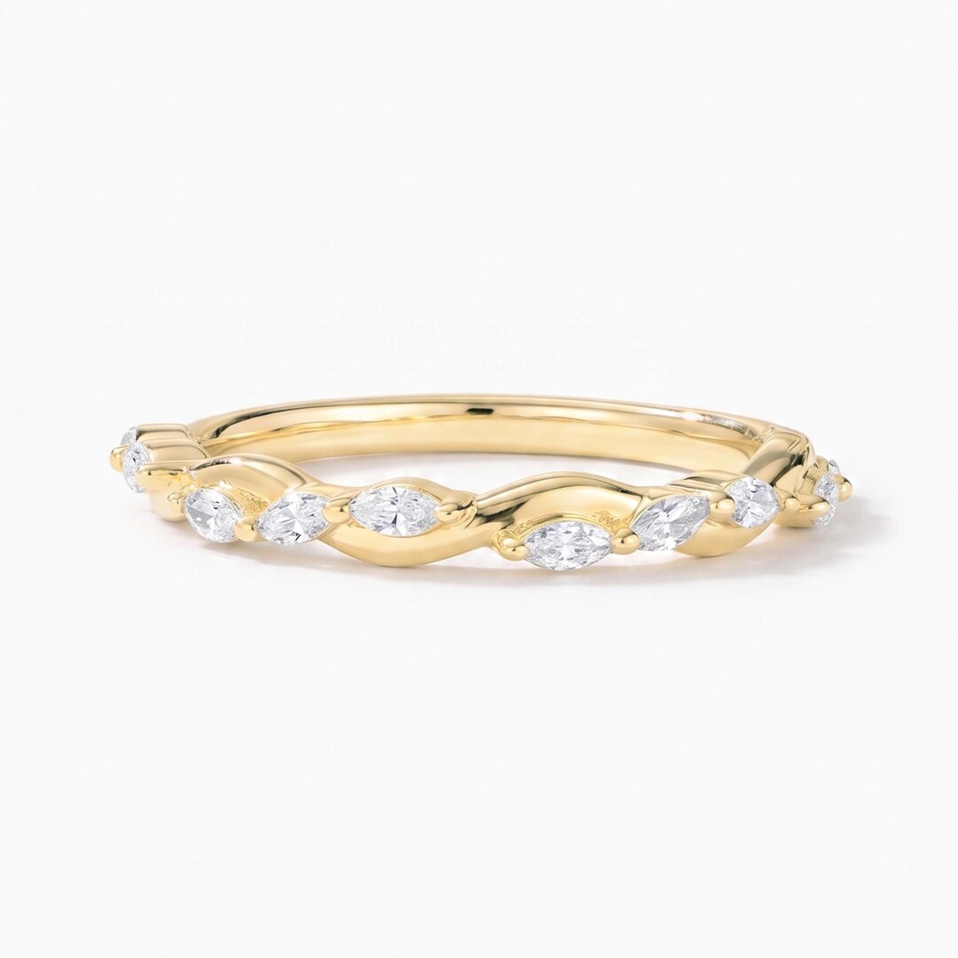 14K Gold Marquise Cut Moissanite Twisted Half Eternity Wedding Band ...