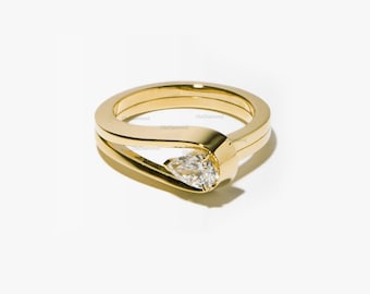 Pear Moissanite Bypass Ring: Solid Gold Repossi Style Wedding Set