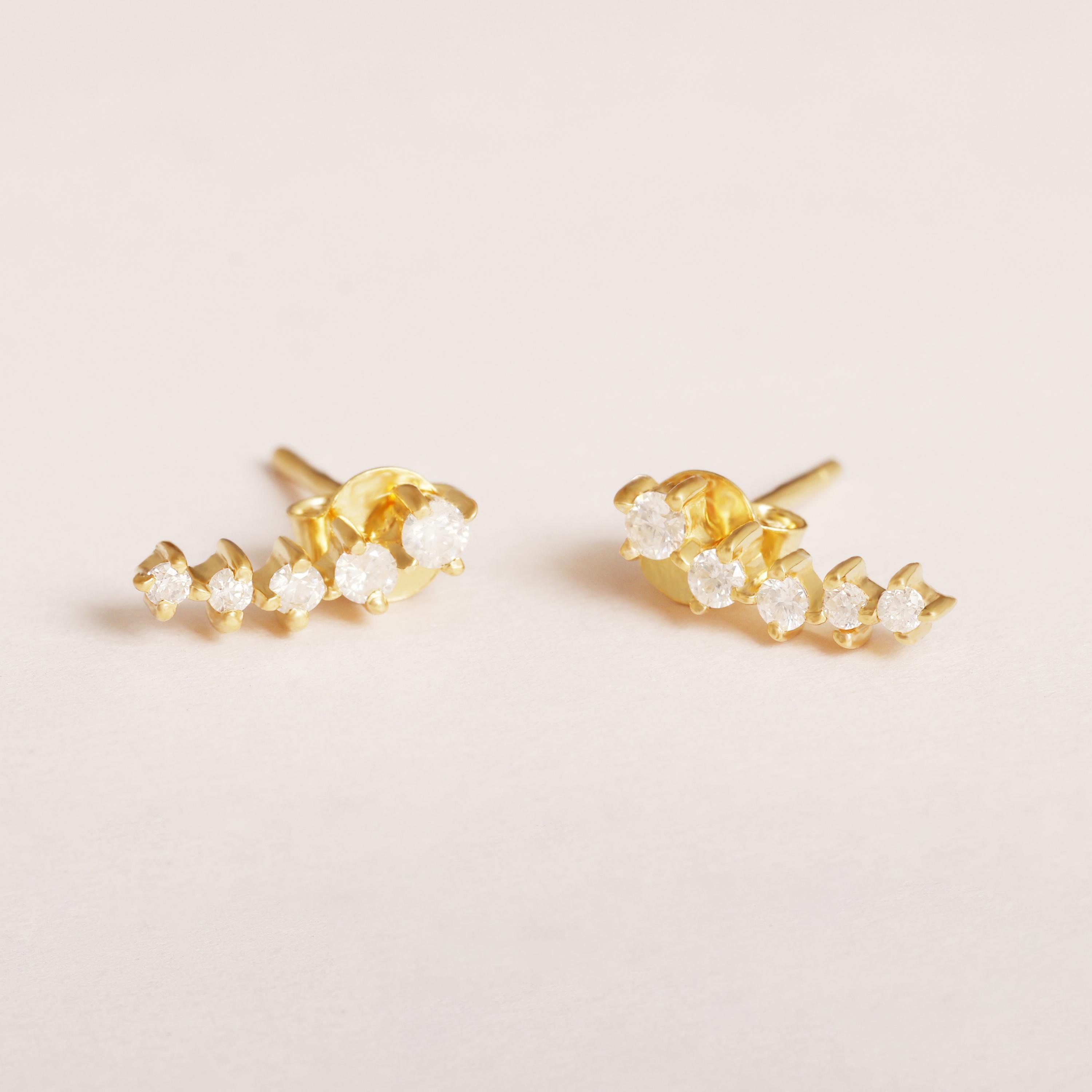 14k Gold Moissanite Curved Bar Ear Climber Earring, Delicate