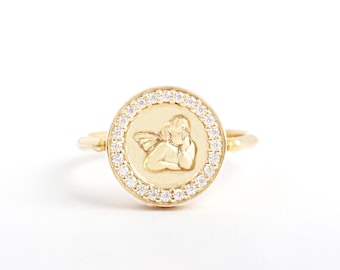 10k/14k/18k Solid Gold Angel Ring with Pave Moissanite, Bold Gold Angel Ring, Real Gold Angel Wings Ring, Moissanite Promise Ring Gift