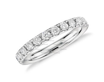 2 MM Round Cut Lab Grown Diamond Engagement Band,  14k White Gold Half Eternity Ring, Pave Diamond Wedding Band, Anniversary Gift For Her