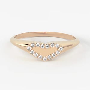Heart Shape Design Signet Ring, 10k Gold Round Moissanite Heart Shape Signet Engagement Ring, 14k Gold Moissanite Heart Design Signet Ring
