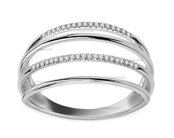 14K White Gold Moissanite Ring: Sterling Silver Multi Row Band