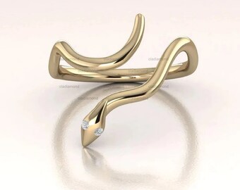 14K Gold Snake Ring Moissanite Lab Diamond, Serpent Wrap Ring with Diamond Eyes, Gold Snake Statement Ring, Unique Christmas Gift for Women