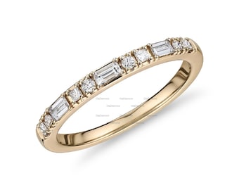 14K Gold Baguette, Princess and Round Cut Lab Grown Diamond Band, Dainty Wedding Ring, Stacking-Half Eternity Dot Dash Diamond Ring For Her
