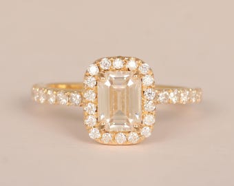 Emerald Cut Moissanite Halo Engagement Ring: 14k Gold Wedding Ring