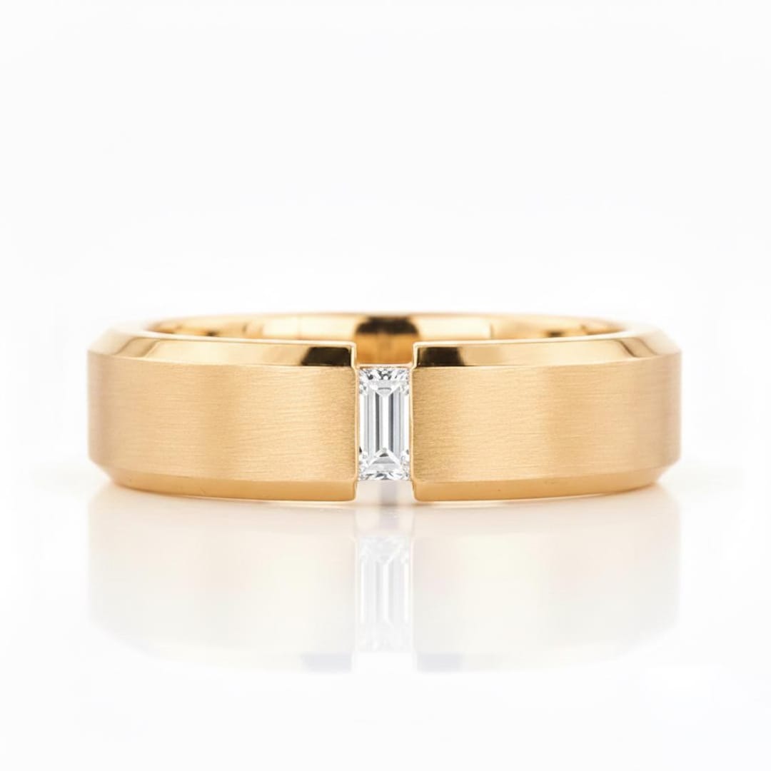 14k Gold Baguette Cut Moissanite Wedding Band Men Elegant Solitaire ...