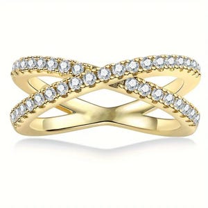 Round Cut Criss Cross Moissanite Engagement Ring 14k Solid Yellow Gold Two Row X Cross Over Wedding Band Ring Perfect Gift For Any Occasion