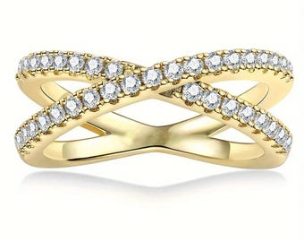 Anillo de moissanita entrecruzado: alianza de oro amarillo de 14 k