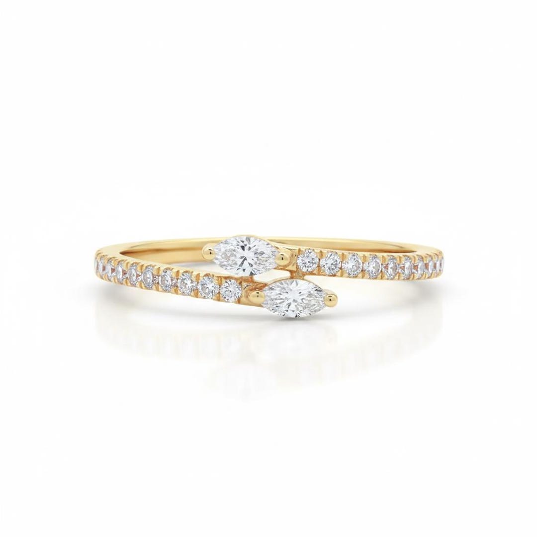14k Gold Marquise Moissanite Bypass Half Eternity Wedding Band Dainty ...