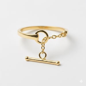Dainty T Bar Closure Chain Ring Interlock Adjustable Gold Silver Minimalist Jewelry Everyday Anniversary Birthday Valentine Gift