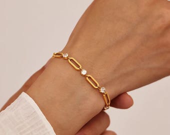 Moissanit Kabel Kettenarmband, 18k Gold Lab Diamant Kettenarmband, zierliches verstellbares minimalistisches Schmuck Geschenk für sie, Alltagsluxus