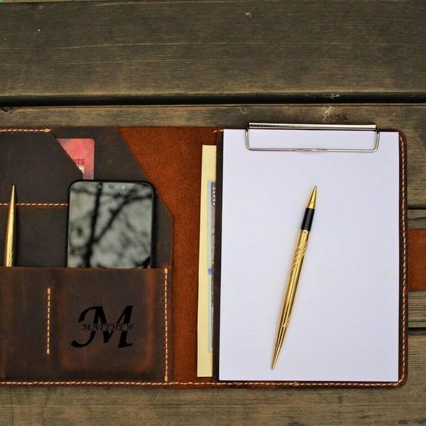 Personalized Leather Portfolio for Men, Custom Leather Padfolio with Clipboard, Resume Folder, Business Folio